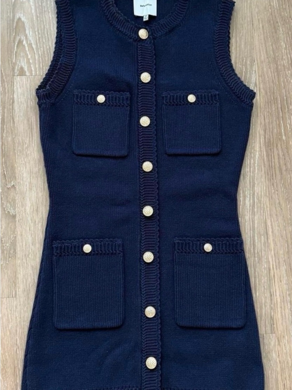 Reformation Navy Sleeveless Knit Dress with Gold Buttons